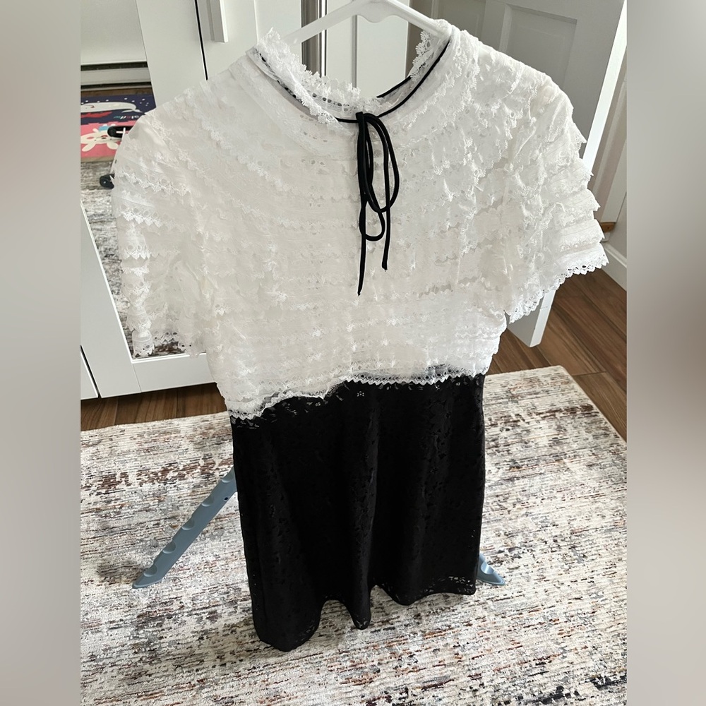 Sandro White Lace Top with Black Trim